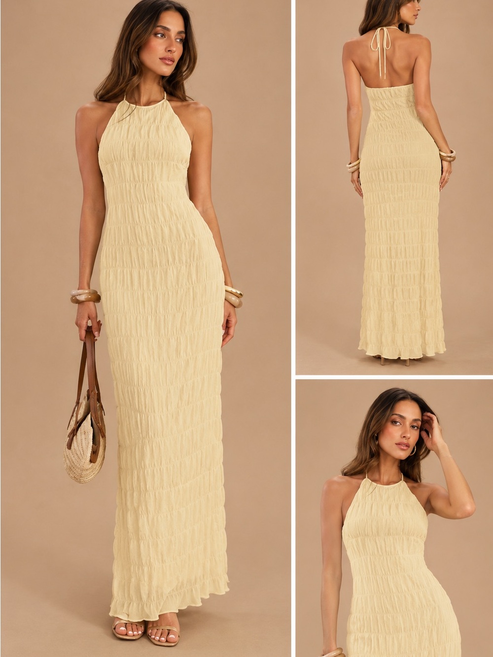 Halter Ruched Maxi Dress in Pale Yellow